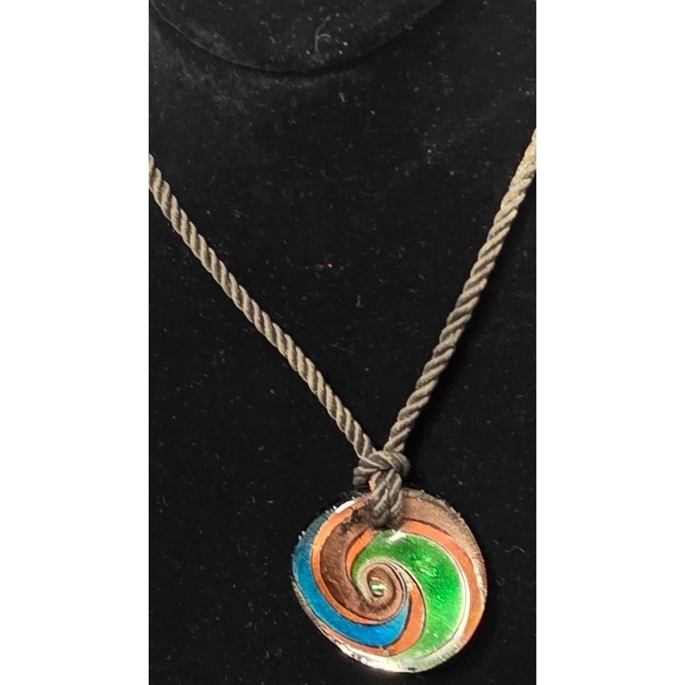 Vintage Necklace Artisan Made Pendant Rainbow Glass Spiral Rope Cord